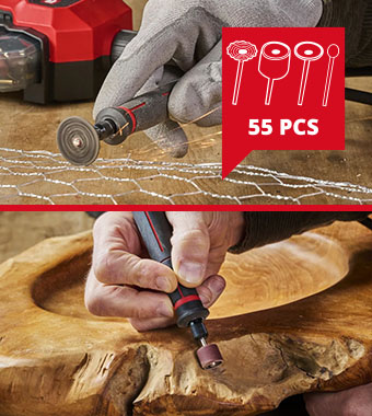55-piece accessory set
for a wide range of jobs. Einhell TE-MT 18/34 Li 18v Flexible Shaft Rotary Multi Tool engraving polishing milling sanding cutting brushing