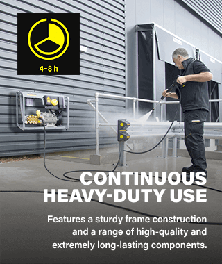 Continuous heavy-duty use ( 4-8h/day )
Features a sturdy frame construction
and a range of high-quality and
extremely long-lasting components. Karcher HD7114 CAGE Heavy Duty Pressure Washer