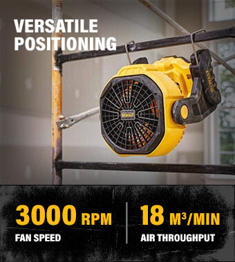 Durable cordless fan, providing high airflow,
extended runtime and versatile positioning. DeWalt DCE512 Cordless Jobsite Fan airflow versatile positioning