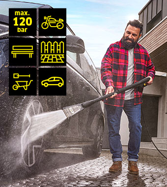 Kärcher K 3 eco!Booster – 120 Bar Pressure Washer Man washing a car with the Kärcher K 3 eco!Booster pressure washer: max 120 bar, for bikes, garden furniture, fences, tools and cars