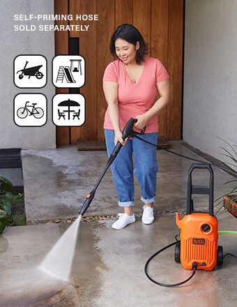 High pressure to blast away tough dirt
and high flow rate for effective rinsing. Black Decker BEPW1300 High Pressure Washer 110 Bar Aluminium pump Self-Priming blast nozzle tough dirt cleaning compact