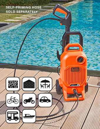High pressure to blast away tough dirt
and high flow rate for effective rinsing. Black Decker BEPW1700 High Pressure Washer 125 Bar Aluminium pump Self-Priming blast nozzle tough dirt cleaning compact