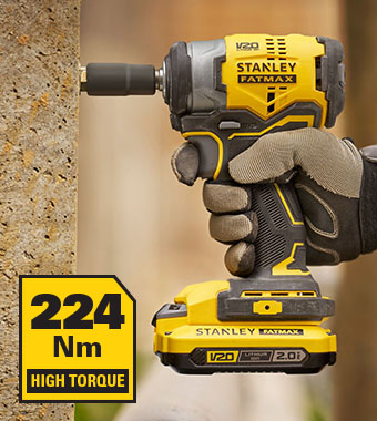 224 Nm of torque for driving
large fasteners and other
high torque applications. Stanley FatMax V20 18v Cordless High Torque 224Nm Impact Wrench SFMCF910