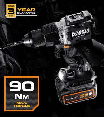 Delivers up to 90Nm of torque in a
compact 177mm body, engineered
for the toughest jobs. DeWalt DCD85MP2T McLaren F1 High Torque 90Nm Compact Combi Drill