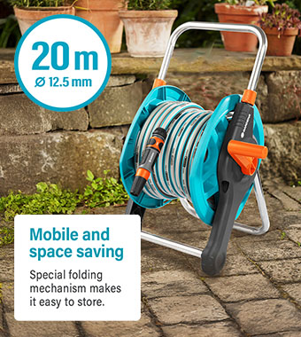 Special folding mechanism
for space-saving storage. Gardena 2691-20 Folding telescopic handle Hose Reel Adjustable spray nozzle Fittings 20m pipe