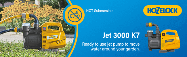 Hozelock JET 3000 K7 Garden Water Pump
Ready to use jet pump to move
water around your garden. Hozelock JET 3000 Garden Water Pump