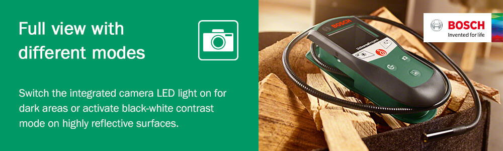 Full view with different modes
Switch the integrated camera LED light on
for dark areas or activate black-white
contrast mode on highly reflective surfaces
such as water or metal. Use the digital
zoom for a closer look and 180° image
rotation for a change of perspective. Bosch UniversalInspect Inspection Camera visibility LED illumination