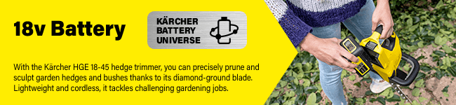 Part of the Karcher 18v battery universe range.
Compatible with Karcher 18v 2.5ah or 5.0ah batteries. Karcher HGE1845 Hedge Trimmer 18v Battery Universe Cordless Range