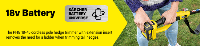 Part of the Karcher 18v battery universe range.
Compatible with Karcher 18v 2.5ah or 5.0ah batteries. Karcher PHG 1845 Pole Hedge Trimmer 18v Battery Universe Cordless Range