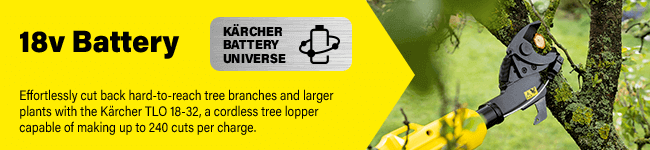 Effortlessly cut back hard-to-reach tree branches and
larger plants with the Kärcher TLO 18-32, a cordless tree
lopper capable of making up to 240 cuts per charge.
Part of the Karcher 18v battery universe range.
Compatible with Karcher 18v 2.5ah or 5.0ah batteries. Karcher TLO 1832 Tree Loppers 18v Battery Universe Cordless Range