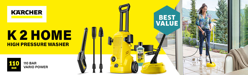 Kärcher K 2 Home High Pressure Washer – 110 Bar, T 1 Surface Cleaner Kärcher K 2 Home high pressure washer kit, 110 bar with Vario Power lance, T 1 surface cleaner and Patio & Deck detergent
