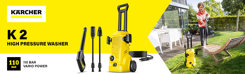 Kärcher K 2 High Pressure Washer – 110 Bar Vario Power Kärcher K 2 high pressure washer with spray gun, two lances and hose