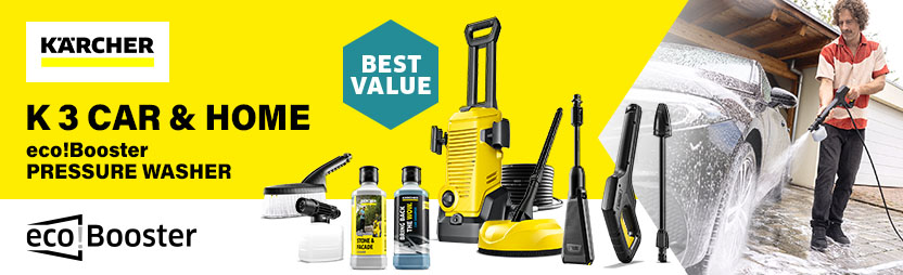Kärcher K3 Car & Home eco!Booster — Best Value Bundle Kärcher K3 Car & Home eco!Booster pressure washer bundle with car brush, stone cleaner and T1 surface cleaner