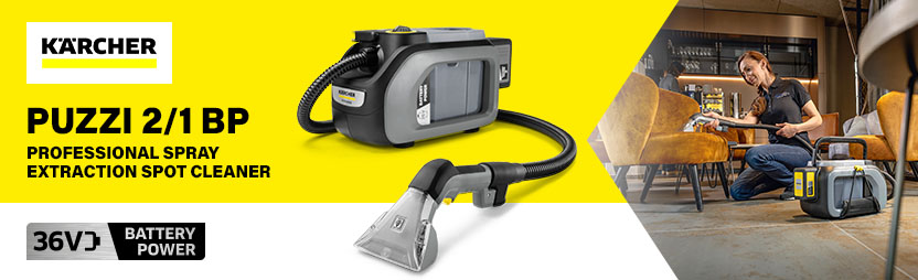 Karcher Puzzi 2/1 BP — 36V Battery-Powered Spot Cleaner Karcher Puzzi 2/1 BP 36V professional spray extraction spot cleaner with upholstery nozzle