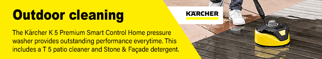 Outdoor Cleaning
The Karcher K 5 Premium Smart Control Home pressure washer
provides outstanding performance everytime. This includes a
T 5 patio cleaner and Stone & Facade detergent. Karcher K5 Premium Smart Contol Home Outdoor Cleaning T5 Patio