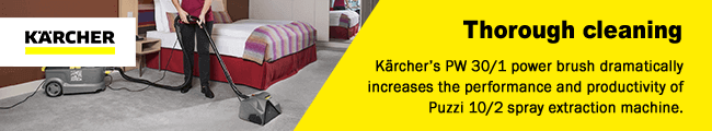 Thorough cleaning
Kärcher’s PW 30/1 power brush dramatically
increases the performance and productivity
of Puzzi 10/2 spray extraction machine. Karcher PW301 Cleaning