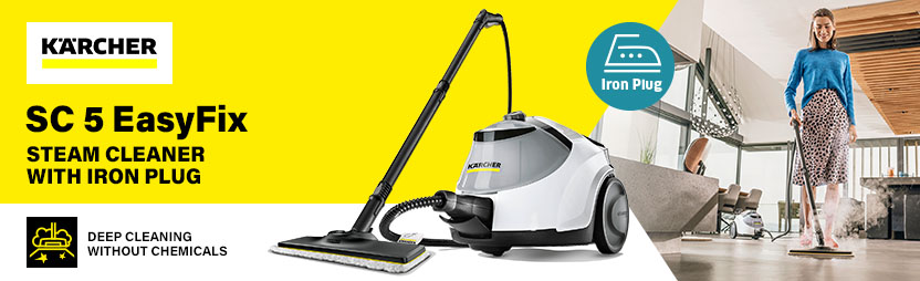 Karcher SC 5 EasyFix — Chemical-Free Steam Cleaning Karcher SC 5 EasyFix steam cleaner with iron plug, deep cleaning without chemicals