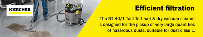 Efficient filtration
The NT 40/1 Tact Te L wet and dry vacuum cleaner
is designed for the pickup of very large quantities
of hazardous dusts, suitable for dust class L. Karcher NT401TE TACT LClass Vacuum