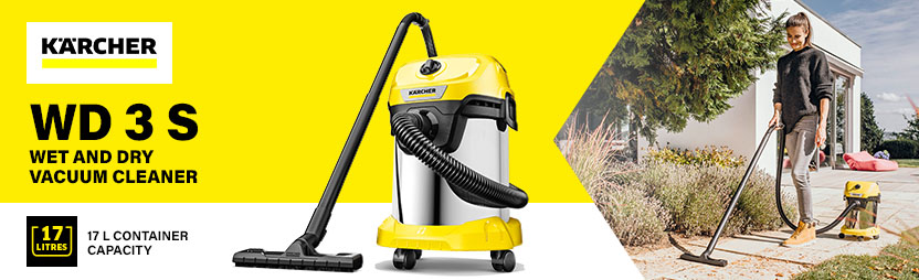 Kärcher WD 3 S Wet and Dry Vacuum Cleaner – 17L Stainless Steel Kärcher WD 3 S wet and dry vacuum cleaner with 17-litre stainless steel container