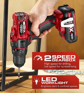 Ozito PXDDK-2400U Power X-Change Compact Keyless Metal Chuck 2-Speed Gearbox Led Worklight