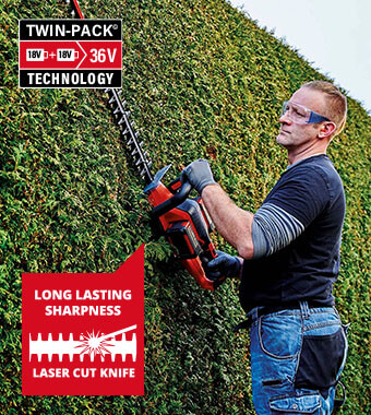 Long-lasting sharpness
The high-quality laser-cut and diamond-ground
steel blade guarantees maximum
accuracy and a long life cycle. Einhell GE-CH 36-65 Li Cordless Hedge Trimmer