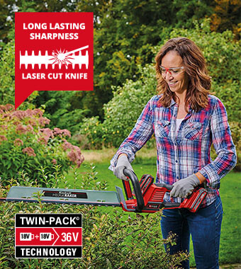 Long-lasting sharpness
The high-quality laser-cut and diamond-ground
steel blade guarantees maximum
accuracy and a long life cycle. Einhell GE-CH 36-61 Li 36v Cordless Hedge Trimmer laser-cut diamond-ground