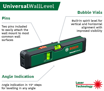 Convenient Usage
Wall mount can be fixed on most wall
surfaces conveniently with pins. Bosch UniversalWallLevel Spirit Level Laser Line 0603663jz0