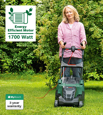 Optimal Performance
The energy efficient motor delivers
optimal performance. Bosch AdvancedRotak 40-650 Rotary corded Lawnmower ErgoSlide Ergoflex handles comfortable manoeuvrability GrassCombs