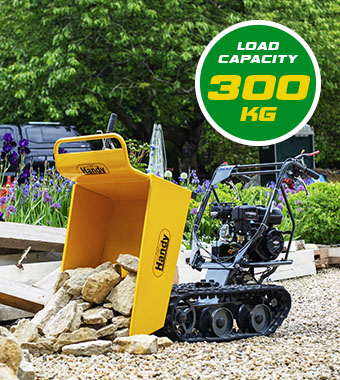 Up to 300 kg heavy-duty transportation
ideal for shifting large volumes of logs,
paving-slabs, rocks, gravel and sand. Handy THLC09715 Petrol Mini Transporter powered barrow 300kg load capacity heavy-duty transportation 196cc Loncin G200F OHV engine caterpillar tracks Splash Lubrication