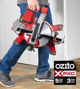 Cordless Portablity
5 Year Tool Warranty
3 Year Battery & Charger Warranty Ozito PXCMSS 18v Cordless Lightweight Portablity Mitre Saw