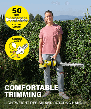 This device is comfortable to work with thanks to
its lightweight design and rotating handle, which
prevents your arms and shoulders getting tired when
you are making vertical cuts. Karcher HGE1850 Cordless Lightweight Rotating Handle Hedge Trimmer