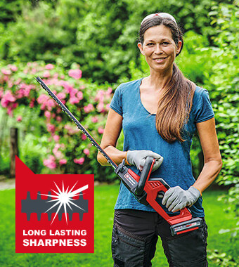 Long-lasting sharpness
The laser-cut, diamond-ground steel blades offer the highest
precision and guarantee long service life of the hedge trimmer. Einhell GC-CH 1840 Li 18v Cordless Hedge Trimmer 400mm