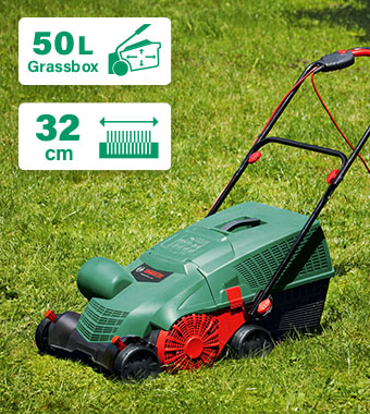 50 litre Collection Box
32 cm Working Width Bosch UniversalRake 900 Watt Electric Lawn Raker
