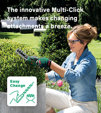 Easy-to-change attachments
The innovative Multi-Click system makes
changing attachments a breeze. Bosch ISIO 3 Rechargeable lightweight portable flexible microUSB Anti-Blocking System shaping bushes shrubs