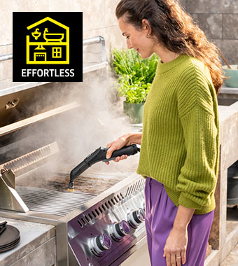 Kärcher SC 3 Deluxe Home Steam Cleaner – Effortless BBQ & Grill Cleaning Woman steam cleaning a stainless steel BBQ grill with the Kärcher SC 3 Deluxe Home detail nozzle