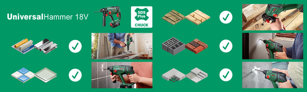 Focused on functionality and
performance for a broader range of tasks. Bosch UniversalHammer SDS Drill Multi Application Material flexibility