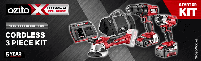 Ozito 18v Cordless
3 Piece Power Tool Kit
PXDDGK-600U Ozito PXDDGK600U 18v Cordless Power Tool Kit