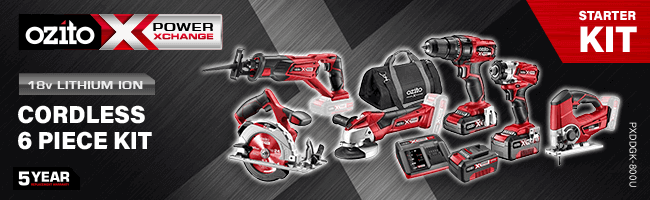 Ozito 18v Cordless
6 Piece Power Tool Kit
PXDDGK-800U Ozito PXDDGK800U 18v Cordless Power Tool Kit
