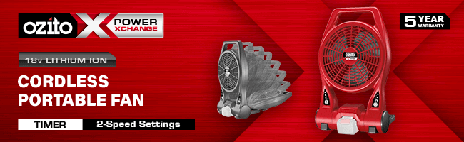 Ozito PXPFS-850
18v Cordless
Portable Workshop Fan Ozito PXPFS850 18v Cordless Portable Workshop Fan