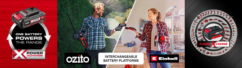 The Power X Change battery platform is shared
by cordless tools from Ozito and Einhell. Ozito Einhell 18v Cordless Power X-Change Battery Platform Interchangeable