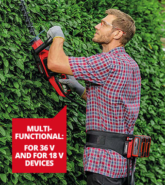 Reduced product weight by
carrying the battery on the body. Einhell GE-PB 36/18 Li PXC Battery Belt for 18v and 36v Batteries