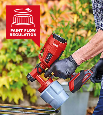 Paint flow regulation for ideal adaptation of paint application. Einhell TC-SY 18-60 Li Cordless Paint Spray Gun flow regulation spraying lacquer glazewashing agent impregnating agent oil