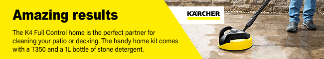 Amazing results
The K4 Full Control Home is the
perfect partner for cleaning your
patio or decking. The handy home
kit comes with a T350 and a 1L
bottle of stone detergent. Karcher K4 Full Control Home Patio Cleaner