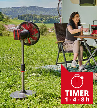 Timer function - switches off
automatically after 1 to 8 hours,
depending on the setting. Einhell GE-CF 18/320 P Li 18v Brushless telescopic shaft Pedestal Air Oscillation Fan