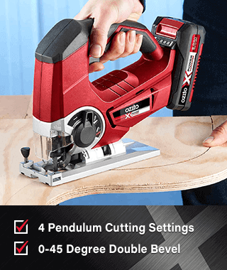 PXJSS-600 18v Jigsaw:
• 4 Pendulum Cutting Settings for fast or accurate cuts
• Variable Speed Trigger for greater control and accuracy
• 0-45 Degree Double Bevel Ozito PXDDGK800U PXJSS Pendulum Bevel Jigsaw