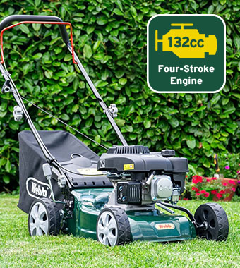 Equipped with a powerful 132cc four-stroke
engine, you’ll be able to easily trim large
areas with ease. Webb WER410HP Petrol 132cc engine Lawnmower 41cm