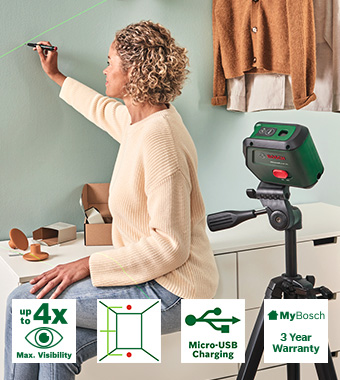Bosch ADVANCEDLEVEL 2G Cross Line Green Laser Level and Tripod Set plumb points 0603663G01 bright visibility
