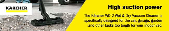 High suction power
The Kärcher WD 2 Wet & Dry Vacuum Cleaner is
specifically designed for the car, garage, garden
and other tasks too tough for your indoor vac. Karcher WD2 Wet Dry