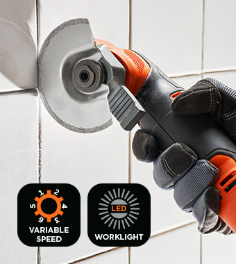 Versatile multi-tool suitable
for a wide variety of jobs. Black Decker BDCOS18 PowerConnect 18v Oscillating Multi-Tool LED worklight Variable speed dial cutting sanding scraping grinding