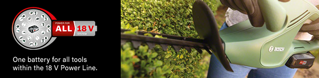 Power for ALL:
One battery and charger for an entire Home & Garden 18v tools system. Bosch EASYHEDGECUT 18-45 18v Cordless Hedge Trimmer